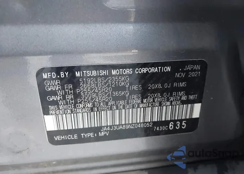 2022 Mitsubishi Outlander Black Edition 2Wd/Se 2.5 2Wd/Se Launch Edition 2Wd from USA, damaged, VIN JA4J3UA89NZ048052